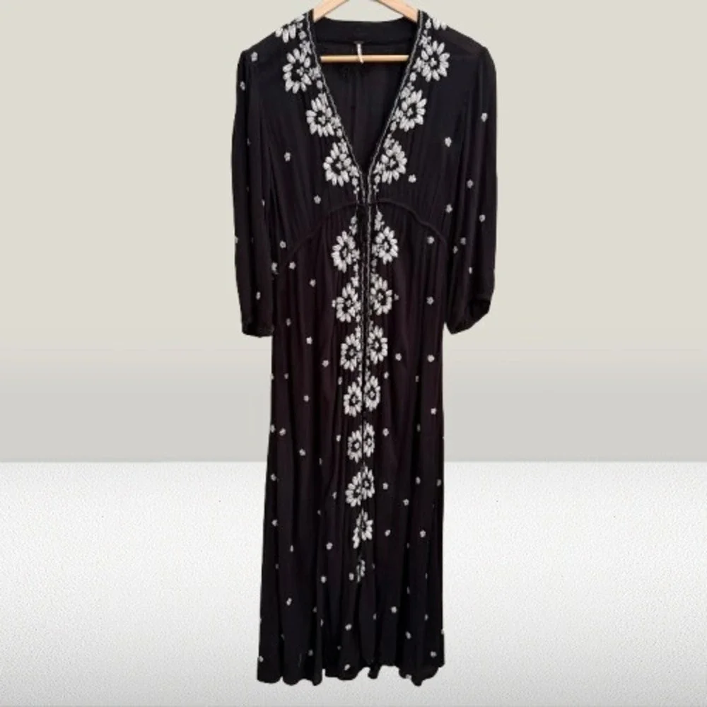 Free People Embroidered Fable Midi Dress Black White Floral Small